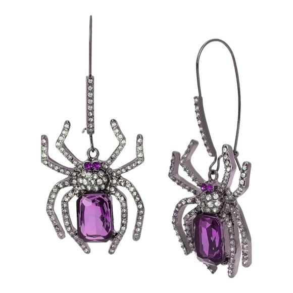 Betsey Johnson Purple Gem SPIDER Dangle Drop EARRINGS Crystal Glass Halloween - Picture 2 of 6